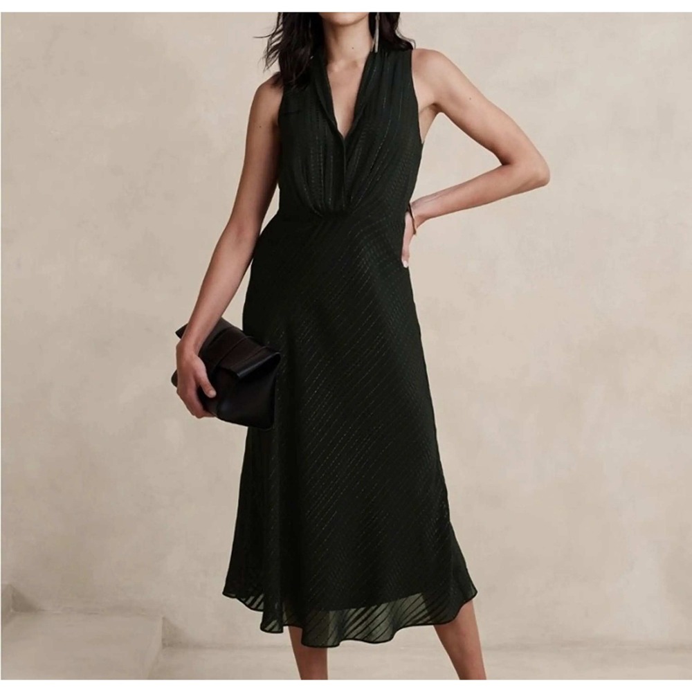 Banana Republic Womens Sleeveless Metallic Lurex Midi Dress Black Size 12